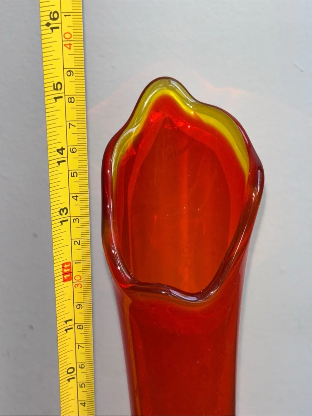 Vintage Viking glass orange Bud Vase with Yellow scalloped Rim